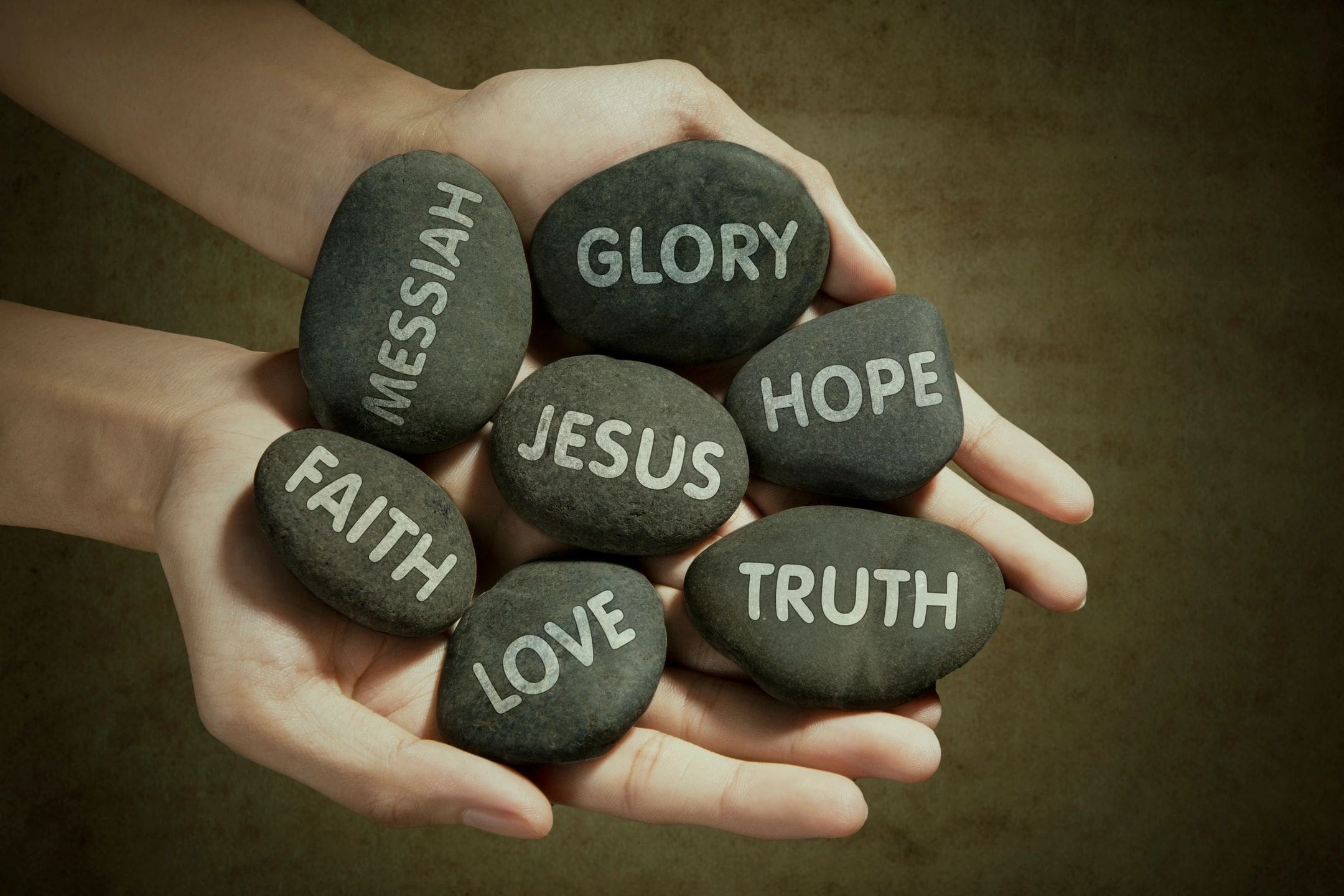 A person holding rocks with words written on them.